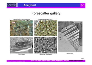 Oxford Instruments Analytical 2003
Analytical An
Calcite (Dave Prior, Liverpool)
Forescatter gallery
Welded superalloy (NPL)
Deformed superalloy
100µm 100µm
Plagioclase
Zircon grain
See the new dedicated EBSD website: http://www.EBSD.com
14/63
 