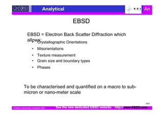 Oxford Instruments Analytical 2003
Analytical An
EBSD
• Crystallographic Orientations
• Misorientations
• Texture measurement
• Grain size and boundary types
• Phases
To be characterised and quantified on a macro to sub-
micron or nano-meter scale
EBSD = Electron Back Scatter Diffraction which
allows:
See the new dedicated EBSD website: http://www.EBSD.com
2/63
 