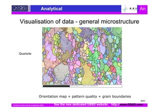 Oxford Instruments Analytical 2003
Analytical An
=100 µm; BC+E1-3; Step=1 µm; Grid298x216
3 1 3
Quartzite
Visualisation of data - general microstructure
See the new dedicated EBSD website: http://www.EBSD.com
38/63
 