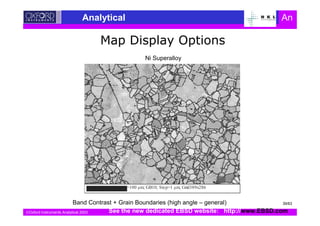 Oxford Instruments Analytical 2003
Analytical An
=100 µm; GB10; Step=1 µm; Grid389x286
Ni Superalloy
Band Contrast + Grain Boundaries (high angle – general)
See the new dedicated EBSD website: http://www.EBSD.com
39/63
 
