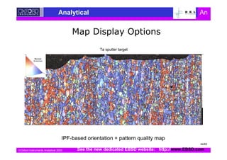 Oxford Instruments Analytical 2003
Analytical An
IPF-based orientation + pattern quality map
Ta sputter target
See the new dedicated EBSD website: http://www.EBSD.com
44/63
 