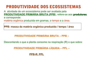PRODUTIVIDADE DOS ECOSSISTEMAS 
A atividade de um ecossistema pode ser avaliada pela 
PRODUTIVIDADE PRIMÁRIA BRUTA (PPB), refere-se aos pprroodduuttoorreess 
e corresponde: 
matéria orgânica produzida em gramas, o tempo e a área. 
PPB: massa da matéria orgânica produzida / tempo / área 
PRODUTIVIDADE PRIMÁRIA BRUTA – PPB – 
Descontando o que a planta consome na respiração (R) o que sobra: 
PRODUTIVIDADE PRIMÁRIA LÍQUIDA – PPL – 
PPB-R: PPL 
 