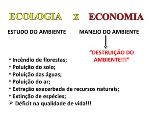 ESTUDO DO AMBIENTE MANEJO DO AMBIENTE 
“DESTRUIÇÃO DO 
• Incêndio de florestas; AMBIENTE!!!” 
• Poluição do solo; 
• Poluição das águas; 
• Poluição do ar; 
• Extração exacerbada de recursos naturais; 
• Extinção de espécies; 
 Déficit na qualidade de vida!!! 
 