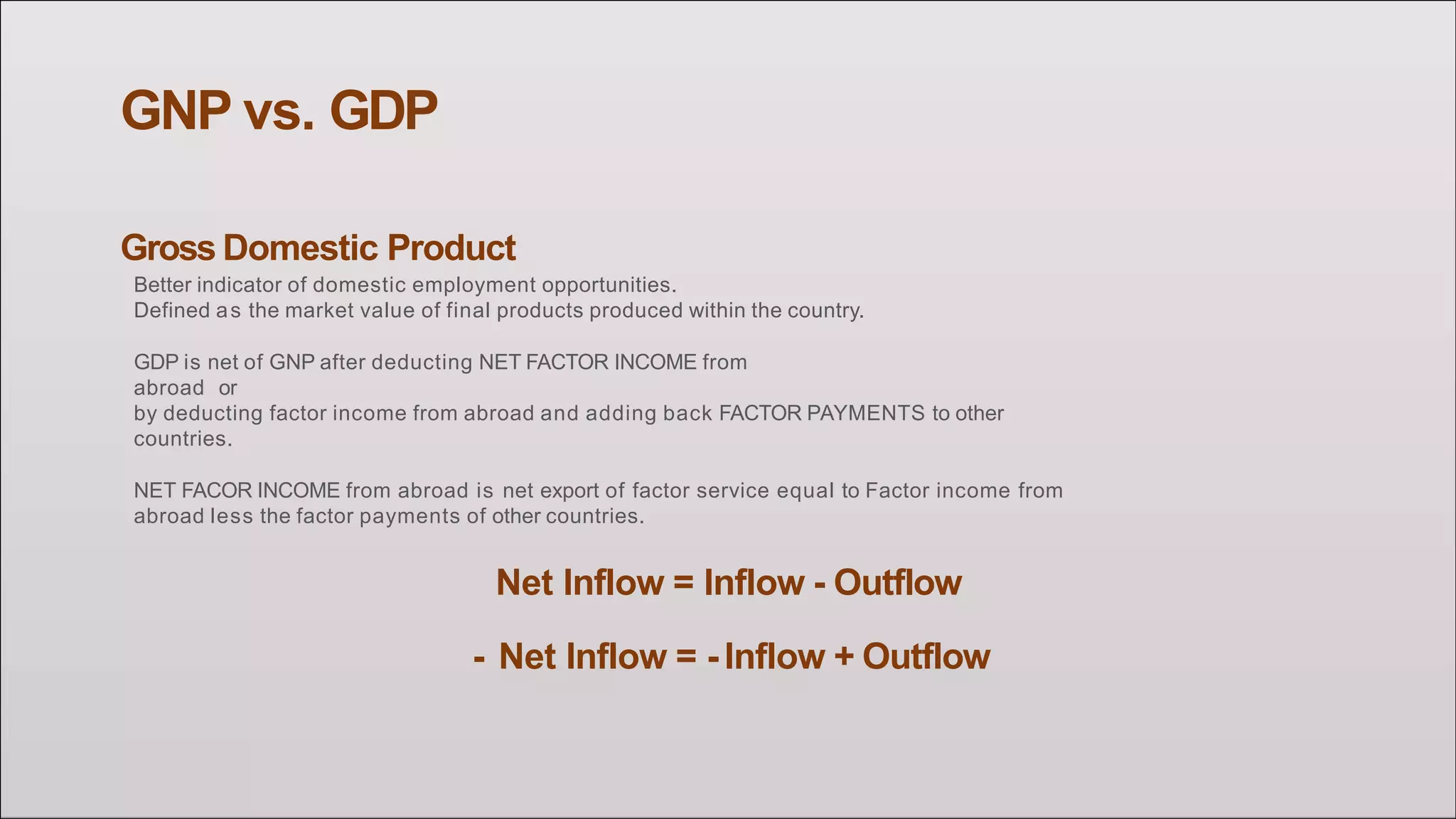 GNP vs. GDP
Gross Domestic Product
Better indicator of domestic employment opportunities.
Defined as the market value of final products produced within the country.
GDP is net of GNP after deducting NET FACTOR INCOME from
abroad or
by deducting factor income from abroad and adding back FACTOR PAYMENTS to other
countries.
NET FACOR INCOME from abroad is net export of factor service equal to Factor income from
abroad less the factor payments of other countries.
Net Inflow = Inflow - Outflow
- Net Inflow = - Inflow + Outflow
 