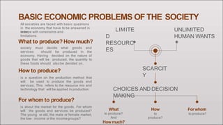 BASIC ECONOMIC PROBLEMS OFTHE SOCIETY
All societies are faced with basic questions
in the economy that have to be answered in
orderto cope with constraints and
limitations.
What to produce? How much?
society must decide what goods and
services should be produced in the
economy. Having decided on the nature of
goods that will be produced, the quantity to
these foods should also be decided on.
How to produce?
is a question on the production method that
will be used to produce the goods and
services. This refers to the resource mix and
technology that will be applied in production.
SCARCIT
Y
LIMITE
D
RESOURC
ES
UNLIMITED
HUMAN WANTS
CHOICES AND DECISION
MAKING
What
to produce?
And
How much?
How
to
produce?
For whom
to produce?
For whom to produce?
is about the market for the goods. For whom
will the goods and services be produced?
The young or old, the male or female market,
the low- income or the incomegroups?
 