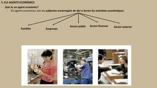 5. ELS AGENTS ECONÒMICS
- Què és un agent econòmic?
- Els agents econòmics són els subjectes encarregats de dur a terme les activitats econòmiques.
Famílies Empreses
Sector públic Sector financer Sector exterior
 