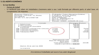 5. ELS AGENTS ECONÒMICS
- 5.1 Les famílies
- Formes de treball
- La retribució que reben els treballadors s’anomena salari o sou i està formada per diferents parts: el salari base, els
complements i els impostos.
A la nòmina el treballador pot veure el seu salari desglossat
 