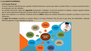 5. ELS AGENTS ECONÒMICS
- 5.4 El sector financer
- El sector financer està format per aquelles entitats financeres o bancs que reben i presten diners i recursos econòmics tant a
les empreses com als individus.
- Les entitats financeres reben els superàvits d’empreses i individus. A canvi de mantenir en dipòsit i emprar aquests estalvis
per les seves operacions financeres els bancs donen als estalviadors uns interessos .
- Quan una empresa o un individu s’endeuta entra en dèficit, llavors les entitats financeres li presten uns diners a canvi d’uns
interessos.
- El negoci de la banca consisteix en prestar diners a un tipus d’interès més alt que el que dona als estalviadors. Aquesta
diferència genera un gran benefici a la banca.
 