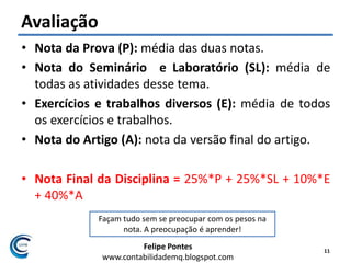 Felipe Pontes
www.contabilidademq.blogspot.com
Avaliação
• Nota da Prova (P): média das duas notas.
• Nota do Seminário e Laboratório (SL): média de
todas as atividades desse tema.
• Exercícios e trabalhos diversos (E): média de todos
os exercícios e trabalhos.
• Nota do Artigo (A): nota da versão final do artigo.
• Nota Final da Disciplina = 25%*P + 25%*SL + 10%*E
+ 40%*A
11
Façam tudo sem se preocupar com os pesos na
nota. A preocupação é aprender!
 