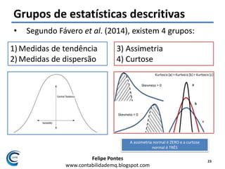Felipe Pontes
www.contabilidademq.blogspot.com
Grupos de estatísticas descritivas
• Segundo Fávero et al. (2014), existem 4 grupos:
23
1) Medidas de tendência
2) Medidas de dispersão
3) Assimetria
4) Curtose
A assimetria normal é ZERO e a curtose
normal é TRÊS
 