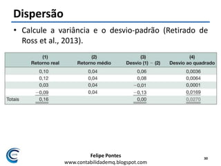Felipe Pontes
www.contabilidademq.blogspot.com
Dispersão
• Calcule a variância e o desvio-padrão (Retirado de
Ross et al., 2013).
30
 