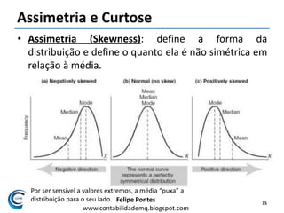 Felipe Pontes
www.contabilidademq.blogspot.com
Assimetria e Curtose
• Assimetria (Skewness): define a forma da
distribuição e define o quanto ela é não simétrica em
relação à média.
35
Por ser sensível a valores extremos, a média “puxa” a
distribuição para o seu lado.
 