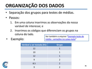 Felipe Pontes
www.contabilidademq.blogspot.com
ORGANIZAÇÃO DOS DADOS
• Separação dos grupos para testes de médias.
• Passos:
1. Em uma coluna inserimos as observações da nossa
variável de interesse; e
2. Inserimos os códigos que diferenciam os grupos na
coluna do lado.
• Exemplo:
45
Variável a ser testada (X1) Grupo
12 1
10 1
12 1
9 2
8.5 2
9 2
Ver também o arquivo “Exemplo teste de
média - variações no caixa-meta”
 