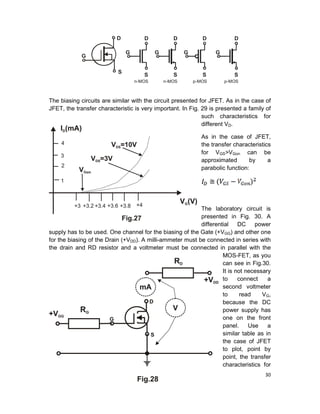 30
The biasing circuits are similar with the circuit presented for JFET. As in the case of
JFET, the transfer characteristic is very important. In Fig. 29 is presented a family of
such characteristics for
different VD.
As in the case of JFET,
the transfer characteristics
for VGS>VGon can be
approximated by a
parabolic function:
The laboratory circuit is
presented in Fig. 30. A
differential DC power
supply has to be used. One channel for the biasing of the Gate (+VGG) and other one
for the biasing of the Drain (+VDD). A milli-ammeter must be connected in series with
the drain and RD resistor and a voltmeter must be connected in parallel with the
MOS-FET, as you
can see in Fig.30.
It is not necessary
to connect a
second voltmeter
to read VG,
because the DC
power supply has
one on the front
panel. Use a
similar table as in
the case of JFET
to plot, point by
point, the transfer
characteristics for
p-MOSn-MOS
G
D
S
G
D
S
G
D
S
n-MOS
G
D
S
p-MOS
G
D
S
 