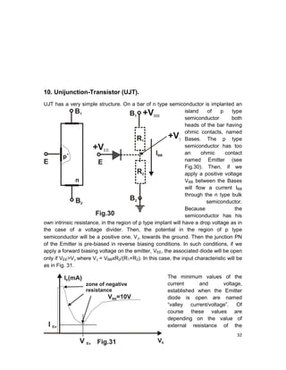 32
10. Unijunction-Transistor (UJT).
UJT has a very simple structure. On a bar of n type semiconductor is implanted an
island of p type
semiconductor both
heads of the bar having
ohmic contacts, named
Bases. The p type
semiconductor has too
an ohmic contact
named Emitter (see
Fig.30). Then, if we
apply a positive voltage
VBB between the Bases
will flow a current IBB
through the n type bulk
semiconductor.
Because the
semiconductor has his
own intrinsic resistance, in the region of p type implant will have a drop voltage as in
the case of a voltage divider. Then, the potential in the region of p type
semiconductor will be a positive one, Vγ, towards the ground. Then the junction PN
of the Emitter is pre-biased in reverse biasing conditions. In such conditions, if we
apply a forward biasing voltage on the emitter, VEE, the associated diode will be open
only if VEE>Vγ where Vγ = VBBxR2/(R1+R2). In this case, the input characteristic will be
as in Fig. 31.
The minimum values of the
current and voltage,
established when the Emitter
diode is open are named
“valley current/voltage”. Of
course these values are
depending on the value of
external resistance of the
 