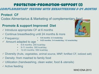 Protection-Promotion-Support (1)
Complementary Feeding with Breastfeeding 6-24 Months
Promote & support Improved Diet
 Introduce appropriate CF at 6 months
 Continue breastfeeding until 24 months & more
 Frequency:
 Amount adapted to age
 6-8 months: 200 kcal/day
 9-11 months: 300 kcal/day;
 12-23 months: 550 kcal/day
 Diversity (fruits, vegetables, animal source, MNP, fortified CF, iodized salt)
 Density: from mashed to family food
 Utilization (handwashing, clean water, food & utensils)
 Active feeding
Protect CF
Codex Alimentarius & Marketing of complementary food
WHO ENA 2013
 6-8 months: 2-3 meals/day
 9-23 months: 3-4 meals/day, 1-2 snacks/day
 