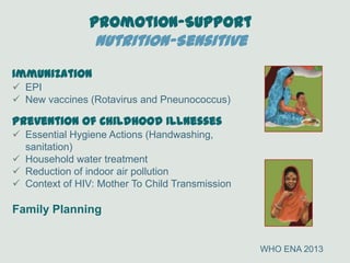 Promotion-Support
Nutrition-Sensitive
WHO ENA 2013
Immunization
 EPI
 New vaccines (Rotavirus and Pneunococcus)
Prevention of Childhood Illnesses
 Essential Hygiene Actions (Handwashing,
sanitation)
 Household water treatment
 Reduction of indoor air pollution
 Context of HIV: Mother To Child Transmission
Family Planning
 