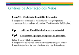 Critérios de Aceitação dos MeiosCritérios de Aceitação dos MeiosCritérios de Aceitação dos MeiosCritérios de Aceitação dos Meios
Coeficiente de Aptidão de MáquinaCoeficiente de Aptidão de Máquina
É a capacidade intrínseca da máquina para conseguir produzir
C.A.M.C.A.M.
É a capacidade intrínseca da máquina para conseguir produzir
peças dentro do intervalo de tolerâncias: IT - (Concepção da Máquina)
CpCp Indice de Capabilidade de processo potencialIndice de Capabilidade de processo potencial
CpkCpk Coeficiente de posição e dispersão da produçãoCoeficiente de posição e dispersão da produção
Índice de capabilidade de processoÍndice de capabilidade de processo
É a capacidade do meio de forma a ser colocado em ajuste correto.
É a posição da dispersão com relação ao intervalo de tolerância.
 