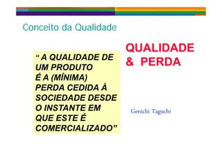 C it d Q lid dC it d Q lid dConceito da QualidadeConceito da Qualidade
“ A QUALIDADE DE“ A QUALIDADE DE
QUALIDADEQUALIDADE
& PERDA& PERDAQ
UM PRODUTO
É A (MÍNIMA)
Q
UM PRODUTO
É A (MÍNIMA)
& PERDA& PERDA
É A (MÍNIMA)
PERDA CEDIDA À
SOCIEDADE DESDE
É A (MÍNIMA)
PERDA CEDIDA À
SOCIEDADE DESDESOCIEDADE DESDE
O INSTANTE EM
É
SOCIEDADE DESDE
O INSTANTE EM
É
Genichi Taguchi
QUE ESTE É
COMERCIALIZADO”
QUE ESTE É
COMERCIALIZADO”
g
 