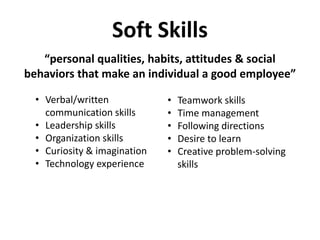 Soft Skills
“personal qualities, habits, attitudes & social
behaviors that make an individual a good employee”
• Teamwork ...