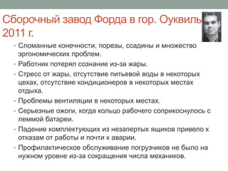 Сборочный завод Форда в гор. Оуквиль,
2011 г.
  • Сломанные конечности, порезы, ссадины и множество
      эргономических проблем.
  •   Работник потерял сознание из-за жары.
  •   Стресс от жары, отсутствие питьевой воды в некоторых
      цехах, отсутствие кондиционеров в некоторых местах
      отдыха.
  •   Проблемы вентиляции в некоторых местах.
  •   Серьезные ожоги, когда кольцо рабочего соприкоснулось с
      леммой батареи.
  •   Падение комплектующих из незапертых ящиков привело к
      отказам от работы и почти к аварии.
  •   Профилактическое обслуживание погрузчиков не было на
      нужном уровне из-за сокращения числа механиков.
 