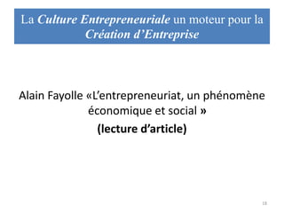 La Culture Entrepreneuriale un moteur pour la
Création d’Entreprise

Alain Fayolle «L’entrepreneuriat, un phénomène
économique et social »
(lecture d’article)

18

 