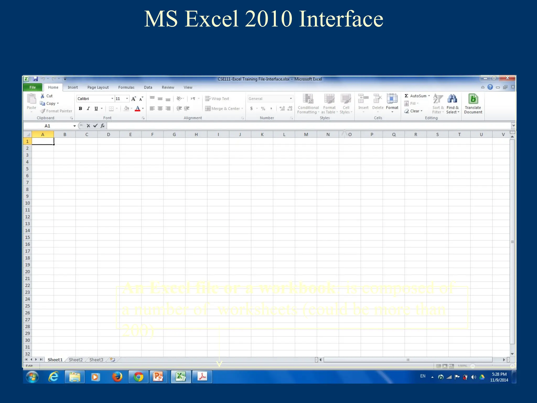 MS Excel 2010 Interface
An Excel file or a workbook: is composed of
a number of worksheets (could be more than
200)
 