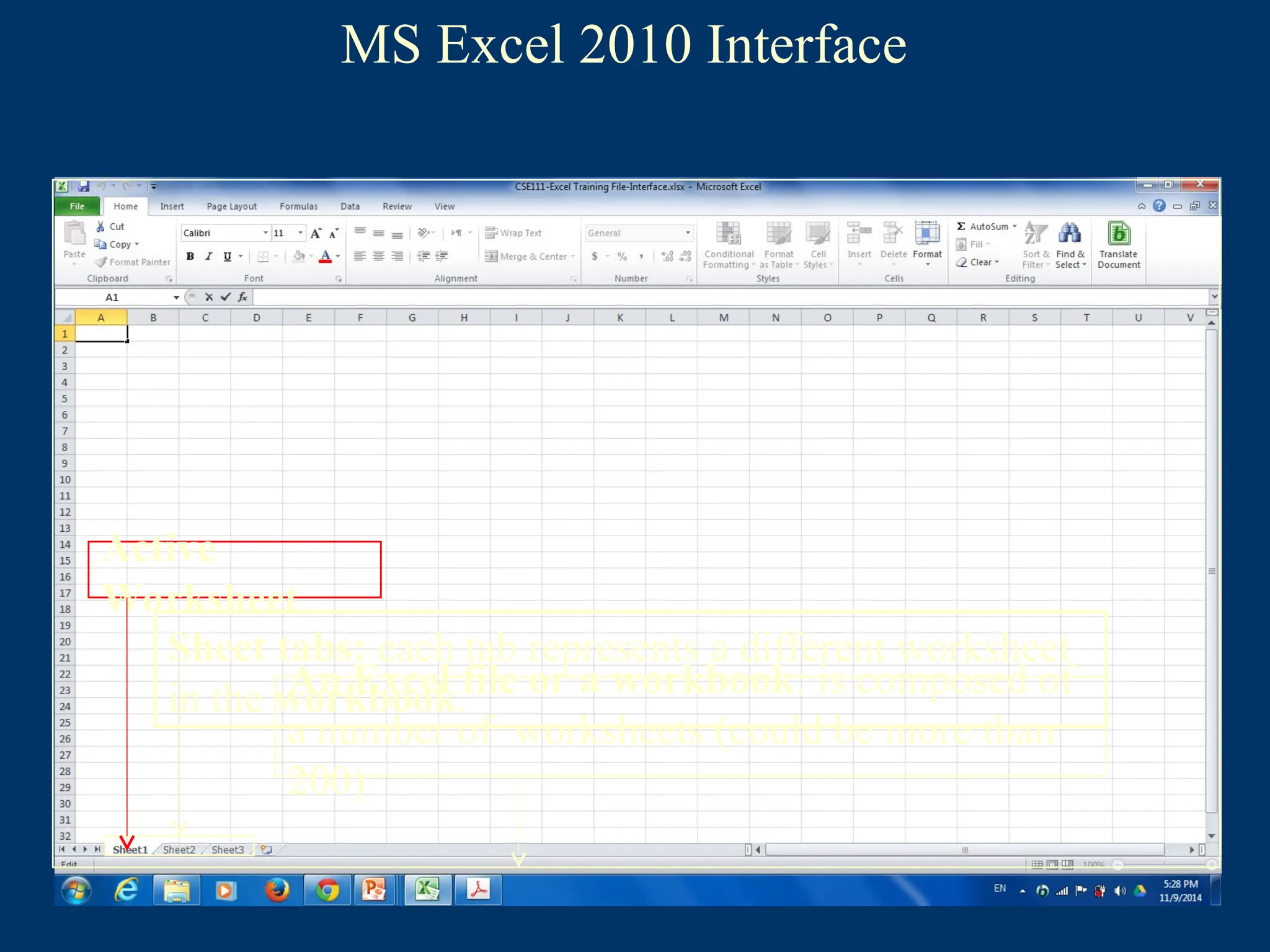 MS Excel 2010 Interface
An Excel file or a workbook: is composed of
a number of worksheets (could be more than
200)
Sheet tabs: each tab represents a different worksheet
in the workbook.
Active
Worksheet
 