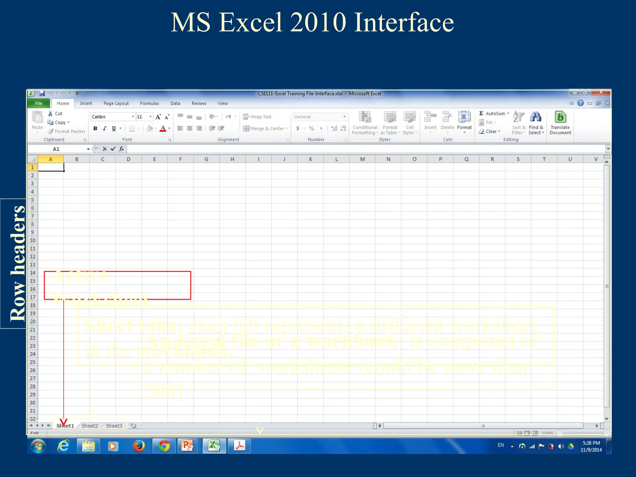 MS Excel 2010 Interface
An Excel file or a workbook: is composed of
a number of worksheets (could be more than
200)
Sheet tabs: each tab represents a different worksheet
in the workbook.
Active
Worksheet
Row
headers
 