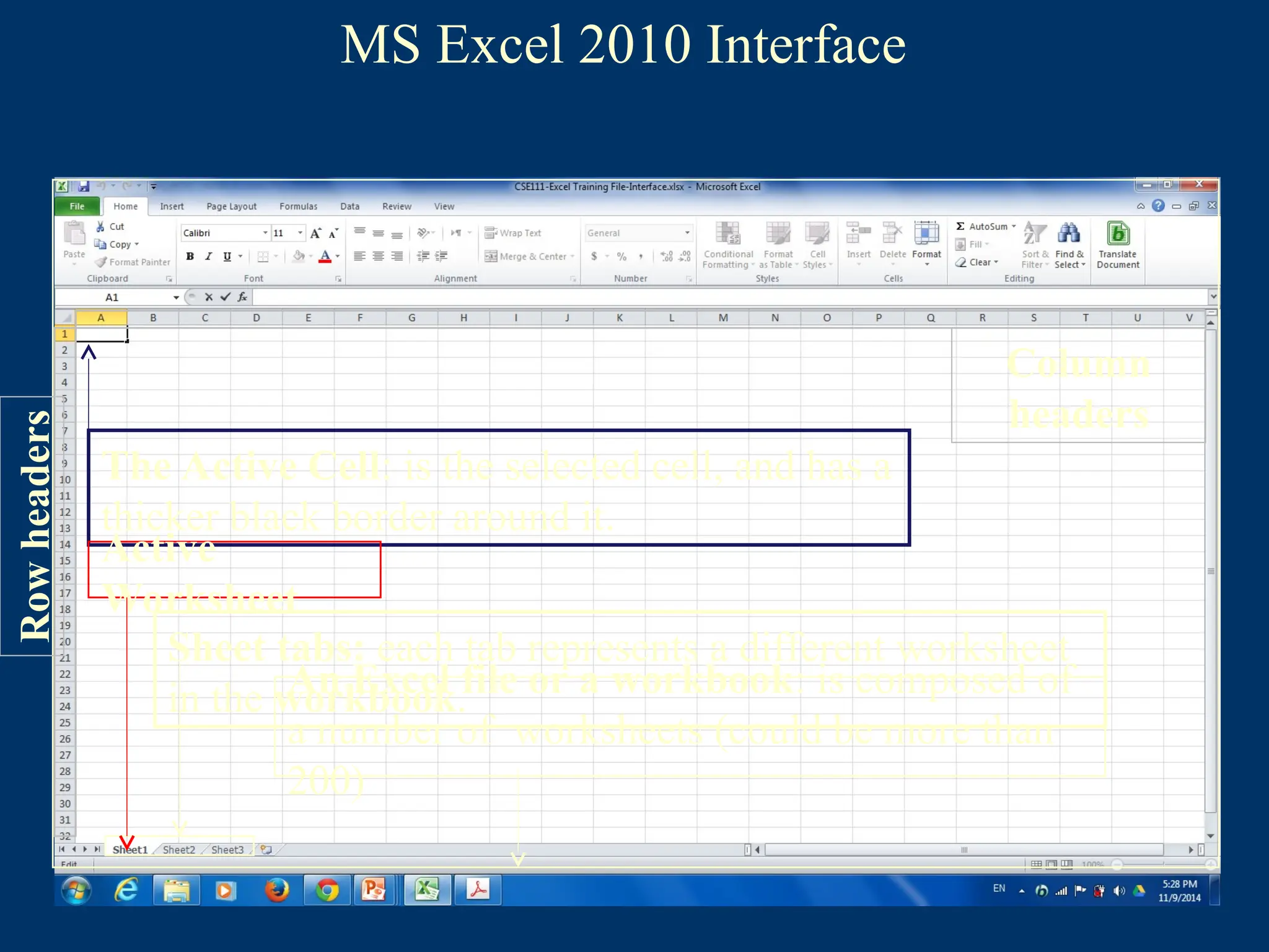 MS Excel 2010 Interface
An Excel file or a workbook: is composed of
a number of worksheets (could be more than
200)
Sheet tabs: each tab represents a different worksheet
in the workbook.
The Active Cell: is the selected cell, and has a
thicker black border around it.
Active
Worksheet
Row
headers
Column
headers
 