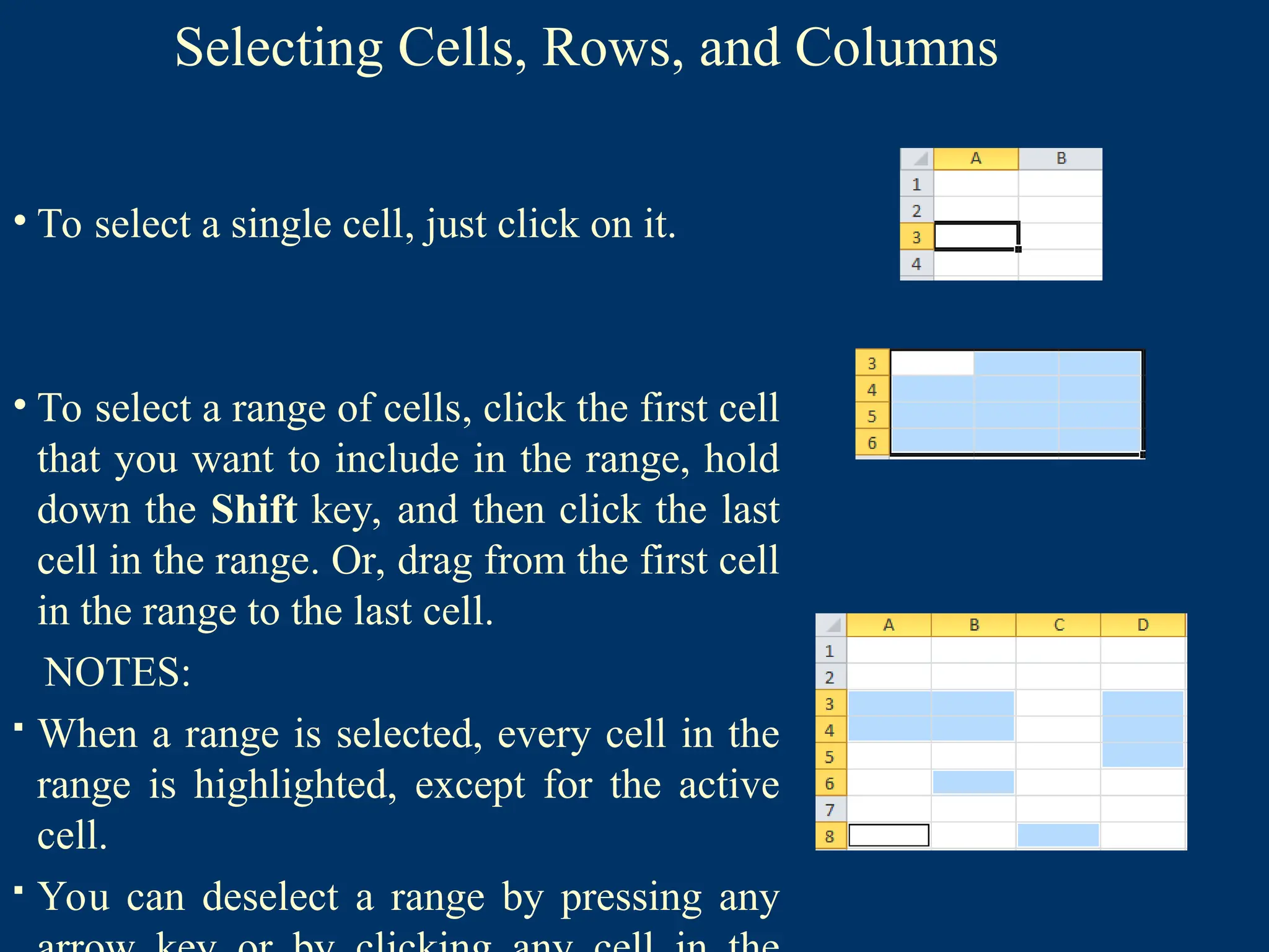 Selecting Cells, Rows, and Columns
• To select a single cell, just click on it.
• To select a range of cells, click the first cell
that you want to include in the range, hold
down the Shift key, and then click the last
cell in the range. Or, drag from the first cell
in the range to the last cell.
NOTES:
 When a range is selected, every cell in the
range is highlighted, except for the active
cell.
 You can deselect a range by pressing any
 
