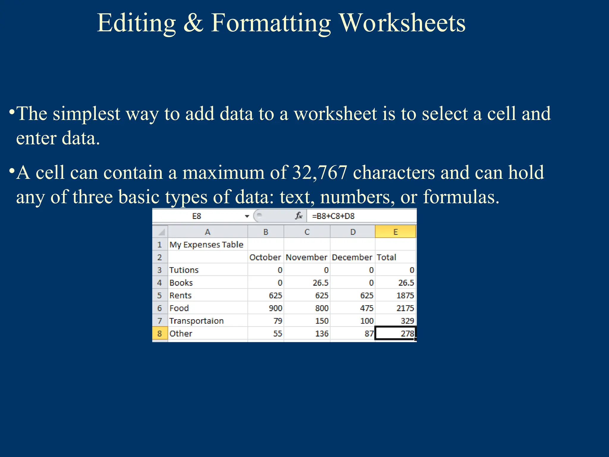 Editing & Formatting Worksheets
•The simplest way to add data to a worksheet is to select a cell and
enter data.
•A cell can contain a maximum of 32,767 characters and can hold
any of three basic types of data: text, numbers, or formulas.
 