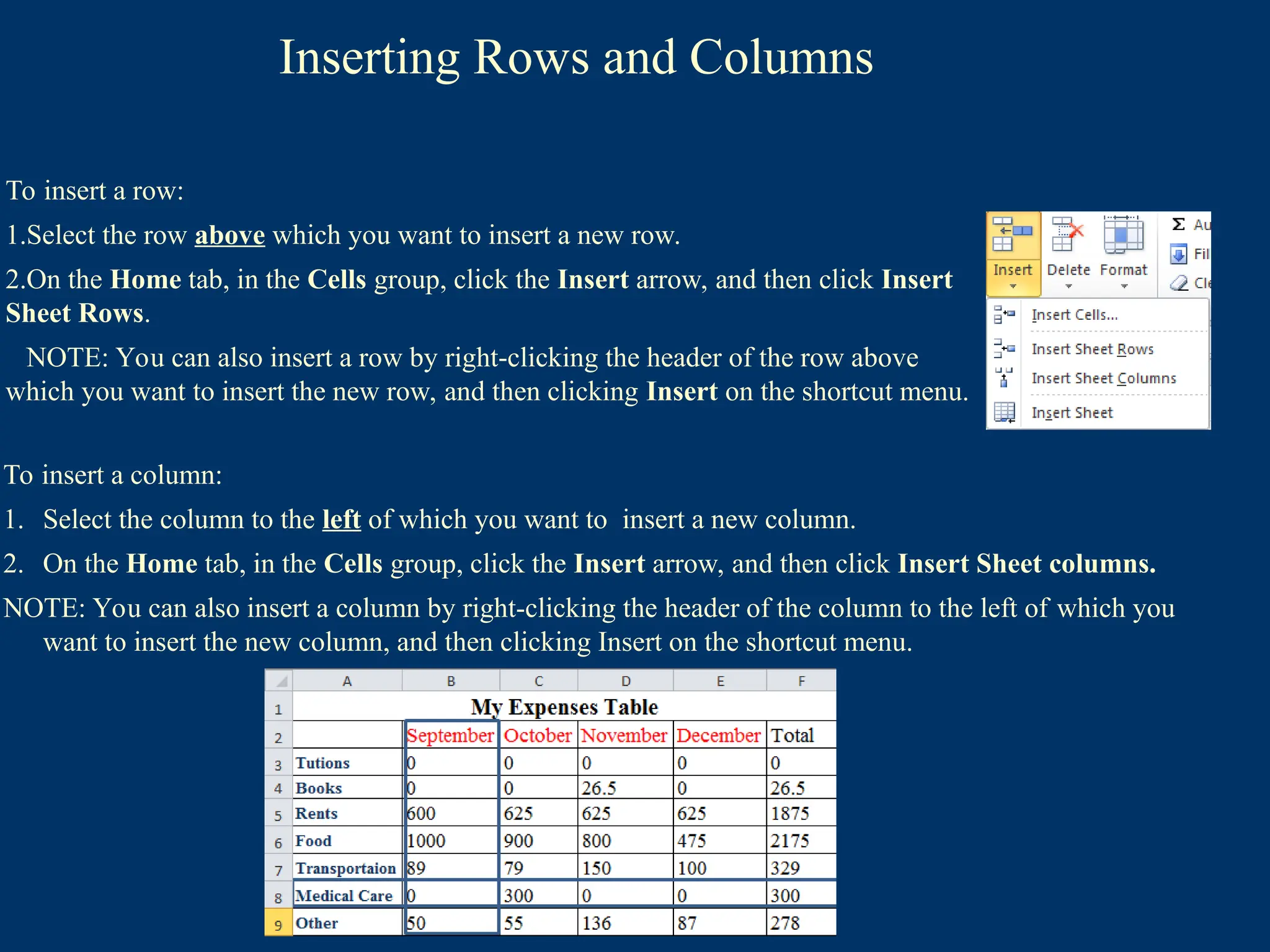 Inserting Rows and Columns
To insert a column:
1. Select the column to the left of which you want to insert a new column.
2. On the Home tab, in the Cells group, click the Insert arrow, and then click Insert Sheet columns.
NOTE: You can also insert a column by right-clicking the header of the column to the left of which you
want to insert the new column, and then clicking Insert on the shortcut menu.
To insert a row:
1.Select the row above which you want to insert a new row.
2.On the Home tab, in the Cells group, click the Insert arrow, and then click Insert
Sheet Rows.
NOTE: You can also insert a row by right-clicking the header of the row above
which you want to insert the new row, and then clicking Insert on the shortcut menu.
 