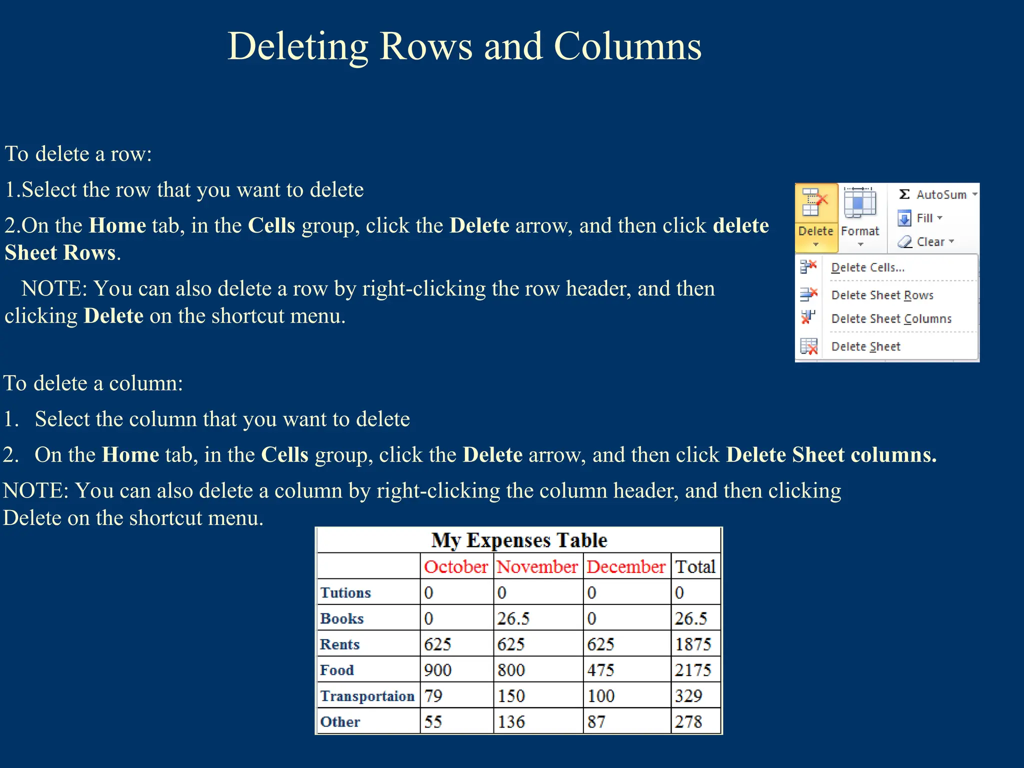 Deleting Rows and Columns
To delete a column:
1. Select the column that you want to delete
2. On the Home tab, in the Cells group, click the Delete arrow, and then click Delete Sheet columns.
NOTE: You can also delete a column by right-clicking the column header, and then clicking
Delete on the shortcut menu.
To delete a row:
1.Select the row that you want to delete
2.On the Home tab, in the Cells group, click the Delete arrow, and then click delete
Sheet Rows.
NOTE: You can also delete a row by right-clicking the row header, and then
clicking Delete on the shortcut menu.
 
