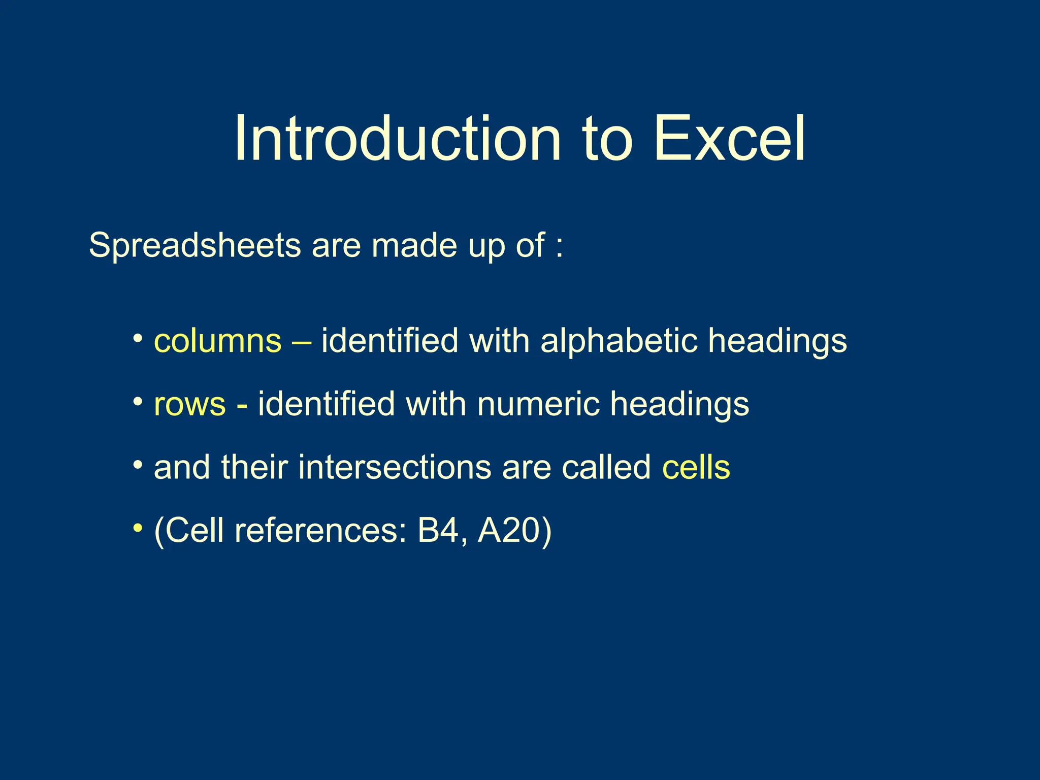 Introduction to Excel
• columns – identified with alphabetic headings
• rows - identified with numeric headings
• and their intersections are called cells
• (Cell references: B4, A20)
Spreadsheets are made up of :
 