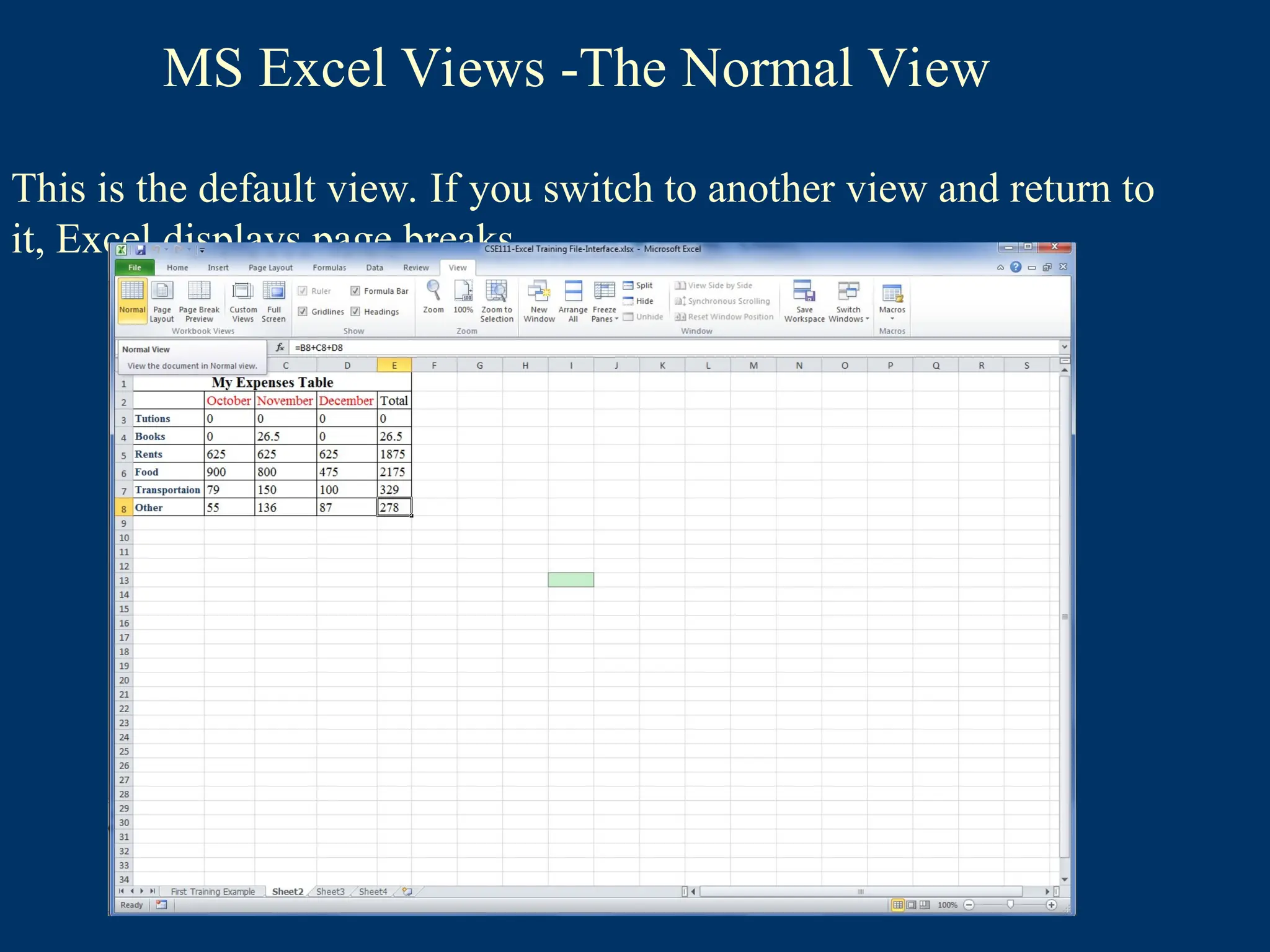 MS Excel Views -The Normal View
This is the default view. If you switch to another view and return to
it, Excel displays page breaks.
 