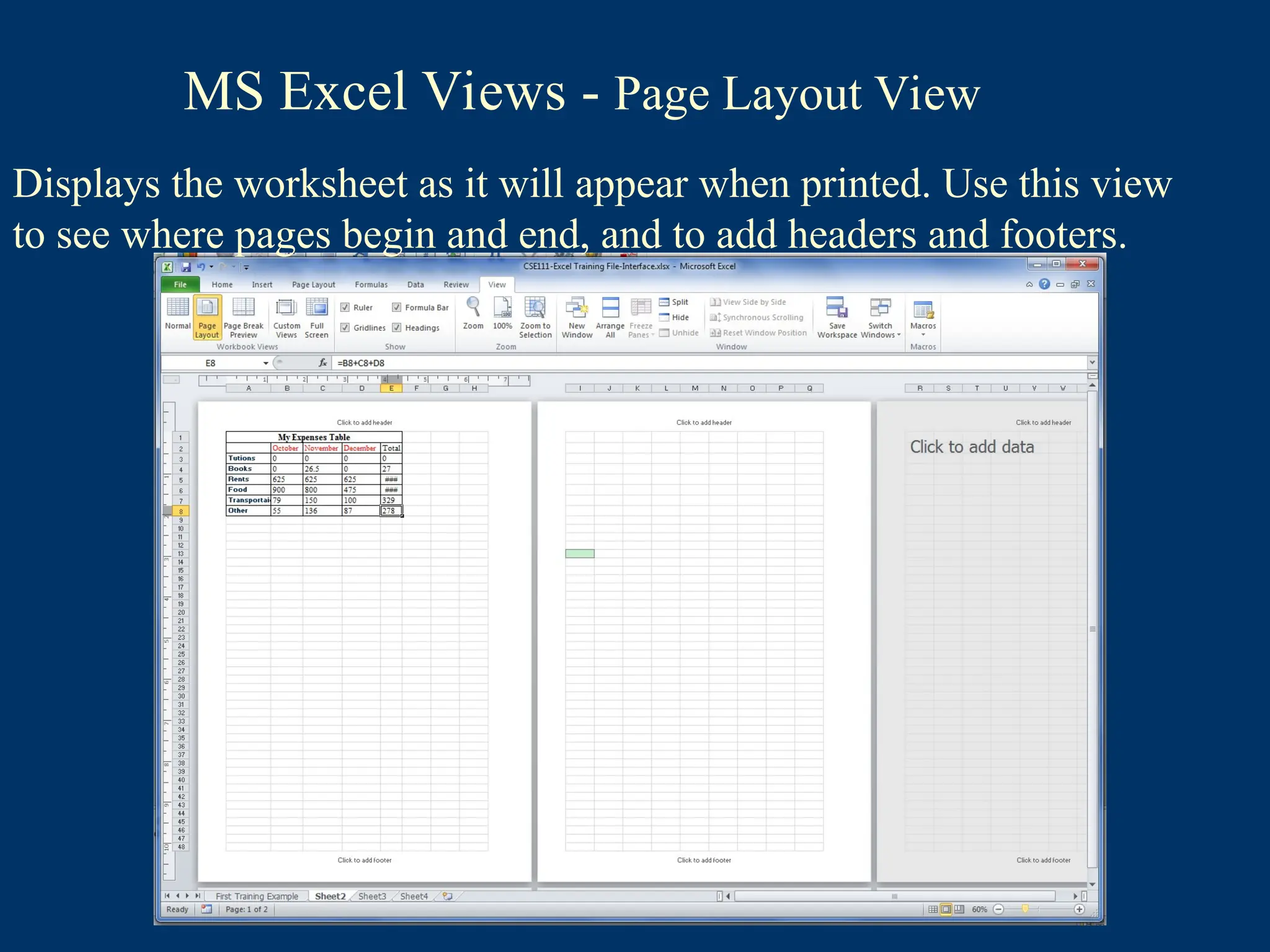 MS Excel Views - Page Layout View
Displays the worksheet as it will appear when printed. Use this view
to see where pages begin and end, and to add headers and footers.
 