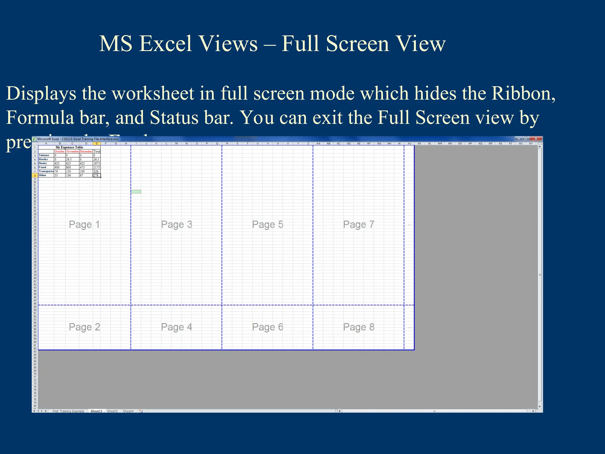 Displays the worksheet in full screen mode which hides the Ribbon,
Formula bar, and Status bar. You can exit the Full Screen view by
pressing the Esc key.
MS Excel Views – Full Screen View
 