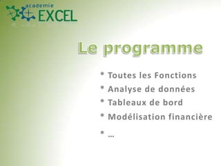 Le programme* Toutes les Fonctions* Analyse de données* Tableaux de bord* Modélisation financière* …