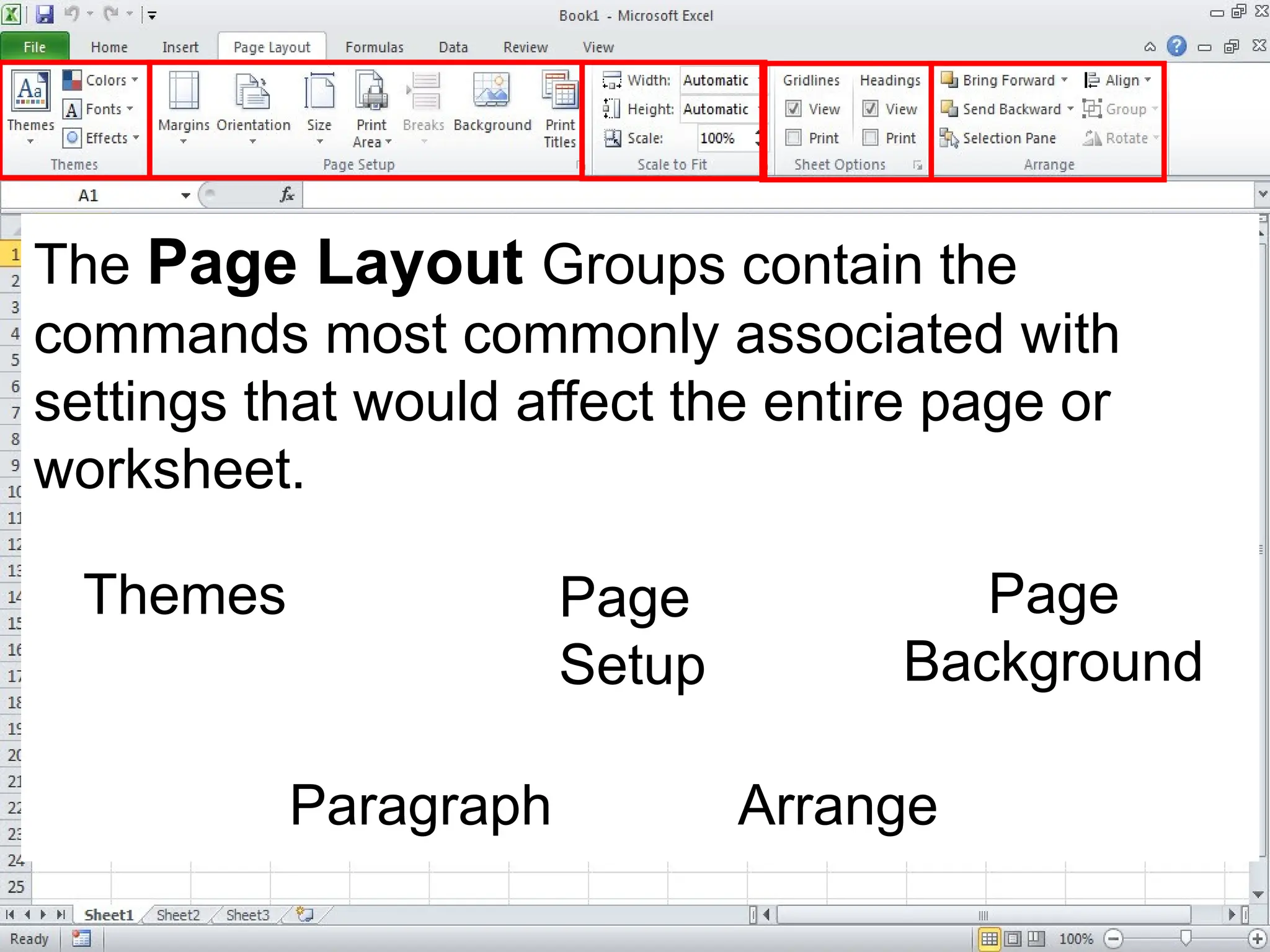The Page Layout Groups contain the
commands most commonly associated with
settings that would affect the entire page or
worksheet.
Themes Page
Setup
Page
Background
Paragraph Arrange
 