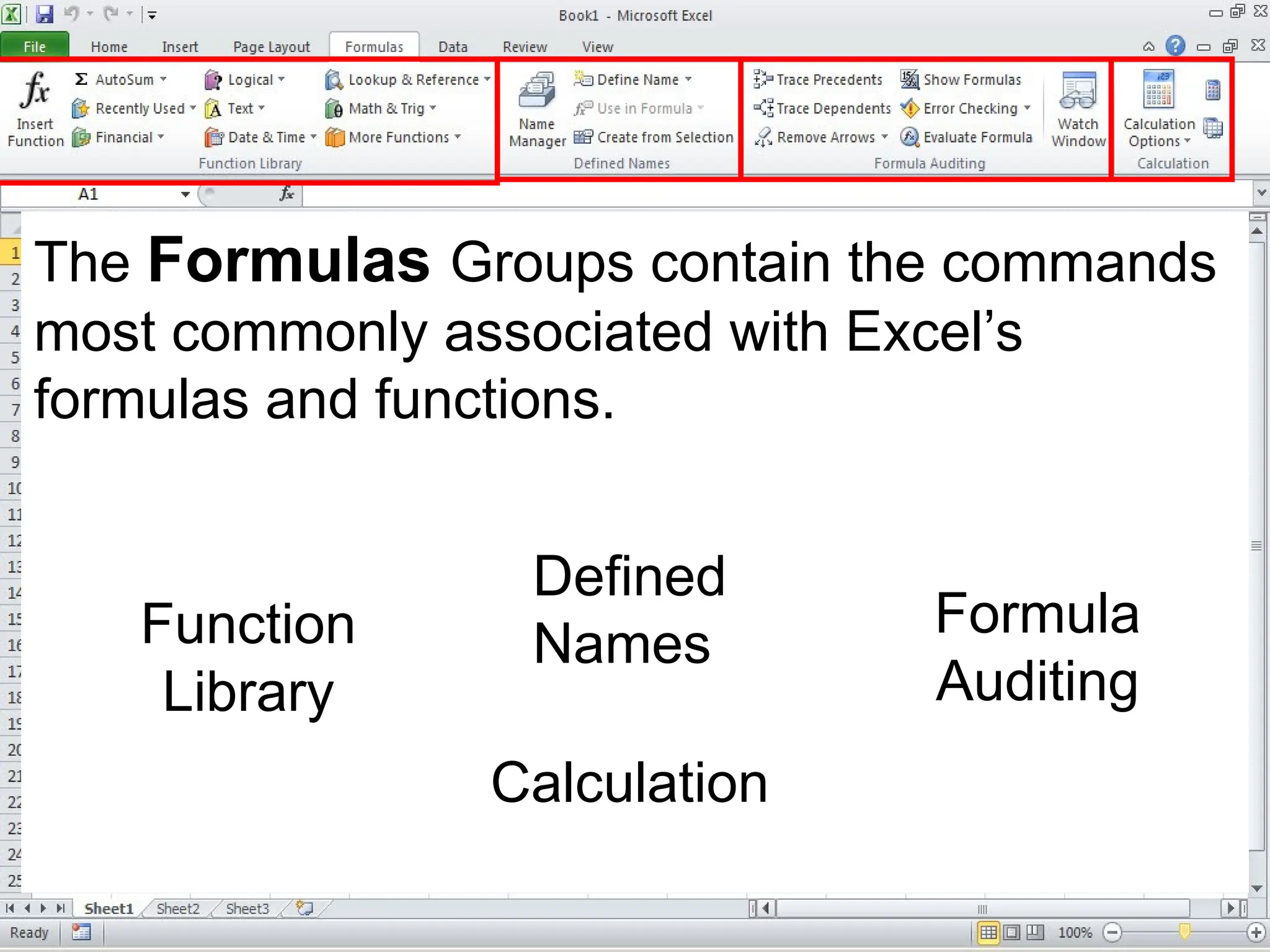 The Formulas Groups contain the commands
most commonly associated with Excel’s
formulas and functions.
Function
Library
Defined
Names
Formula
Auditing
Calculation
 