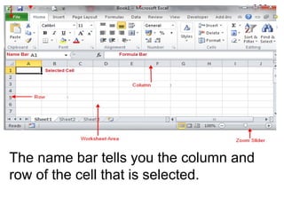 The name bar tells you the column and
row of the cell that is selected.
 
