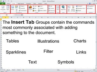 The Insert Tab Groups contain the commands
most commonly associated with adding
something to the document.
Tables Illustrations Charts
Sparklines Filter Links
Text Symbols
 