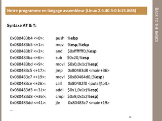 BACK TO THE BASICS 
Notre programme en langage assembleur (Linux 2.6.40.3‐0.fc15.i686) 


Syntaxe AT & T: 
 
   0x080483b4 <+0>:      push   %ebp 
   0x080483b5 <+1>:      mov    %esp,%ebp 
   0x080483b7 <+3>:      and     $0xﬀﬀﬀf0,%esp 
   0x080483ba <+6>:      sub     $0x20,%esp 
   0x080483bd <+9>:      movl   $0x0,0x1c(%esp) 
   0x080483c5 <+17>:     jmp     0x80483d8 <main+36> 
   0x080483c7 <+19>:     movl   $0x80484d0,(%esp) 
   0x080483ce <+26>:     call      0x80482f0 <puts@plt> 
   0x080483d3 <+31>:     addl    $0x1,0x1c(%esp) 
   0x080483d8 <+36>:     cmpl   $0x9,0x1c(%esp) 
   0x080483dd <+41>:     jle        0x80483c7 <main+19> 
   ... 
                                                              16 
 