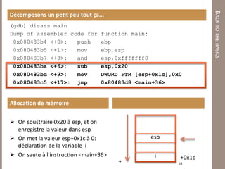 BACK TO THE BASICS 
Décomposons un pe#t peu tout ça... 
(gdb) disass main
Dump of assembler code for        function main:
 0x080483b4 <+0>:   push          ebp
 0x080483b5 <+1>:   mov           ebp,esp
 0x080483b7 <+3>:   and           esp,0xfffffff0
 0x080483ba <+6>:   sub           esp,0x20
 0x080483bd <+9>:   mov           DWORD PTR [esp+0x1c],0x0
 0x080483c5 <+17>: jmp            0x80483d8 <main+36>


Alloca#on de mémoire 


  On soustraire 0x20 à esp, et on                            
   enregistre la valeur dans esp 
  On met la valeur esp+0x1c à 0:                 esp 
   déclara7on de la variable  i 
  On saute à l'instruc7on <main+36>               i     +0x1c 
                                        +                23 
 