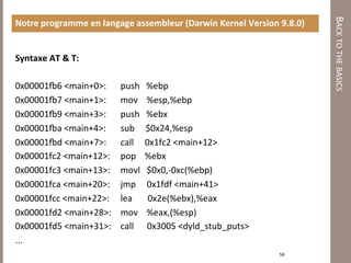 BACK TO THE BASICS 
Notre programme en langage assembleur (Darwin Kernel Version 9.8.0) 


Syntaxe AT & T: 
 
0x00001•6 <main+0>:      push   %ebp 
0x00001•7 <main+1>:      mov    %esp,%ebp 
0x00001•9 <main+3>:      push   %ebx 
0x00001•a <main+4>:      sub     $0x24,%esp 
0x00001•d <main+7>:      call     0x1fc2 <main+12> 
0x00001fc2 <main+12>:    pop    %ebx 
0x00001fc3 <main+13>:    movl   $0x0,‐0xc(%ebp) 
0x00001fca <main+20>:    jmp     0x1fdf <main+41> 
                                           

0x00001fcc <main+22>:    lea       0x2e(%ebx),%eax 
                                           

0x00001fd2 <main+28>:    mov    %eax,(%esp) 
0x00001fd5 <main+31>:    call      0x3005 <dyld_stub_puts> 
... 
                                                              58 
 