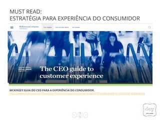 3
5
MCKINSEY:GUIA DO CEO PARA A EXPERIÊNCIA DO CONSUMIDOR.
http://www.mckinsey.com/business-functions/operations/our-insights/the-ceo-guide-to-customer-experience
MUST READ:
ESTRATÉGIA PARA EXPERIÊNCIA DO CONSUMIDOR
 