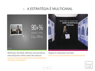 5
McKinsey: Até 2020, 90% dos consumidores
irão pesquisar online antes de comprar ‘
https://youtu.be/zt1zTL3O8yQ?list=PLAArFwrSBJ9ehZ
m07dNTU_RzAT0CjM8Tc
Klepierre Inspiration Corridor.
https://vimeo.com/digitaslbifrance/inspirationcorridor
1. A ESTRATÉGIA É MULTICANAL
 