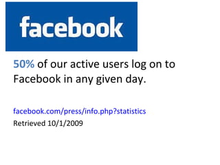 Facebook 50%  of our active users log on to Facebook in any given day. facebook.com/press/info.php?statistics   Retrieved 10/1/2009 
