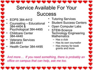 Service Available For Your
Success
• EOPS 384-4412
• Counseling – Educational
384-4404 &
Psychological 384-4495
• Childcare Center
384-4440
• Veterans Services
384-4441
• Health Center 384-4495
• Tutoring Services
• Student Success Centers
• Open Computer Labs
• STEM-Science
Technology Engineering
Mathematics
– Has a club
– Has its own counselor
– Has money for book
grants and more
And more… If you need something, there is probably an
office on campus that can help, ask me too.
 